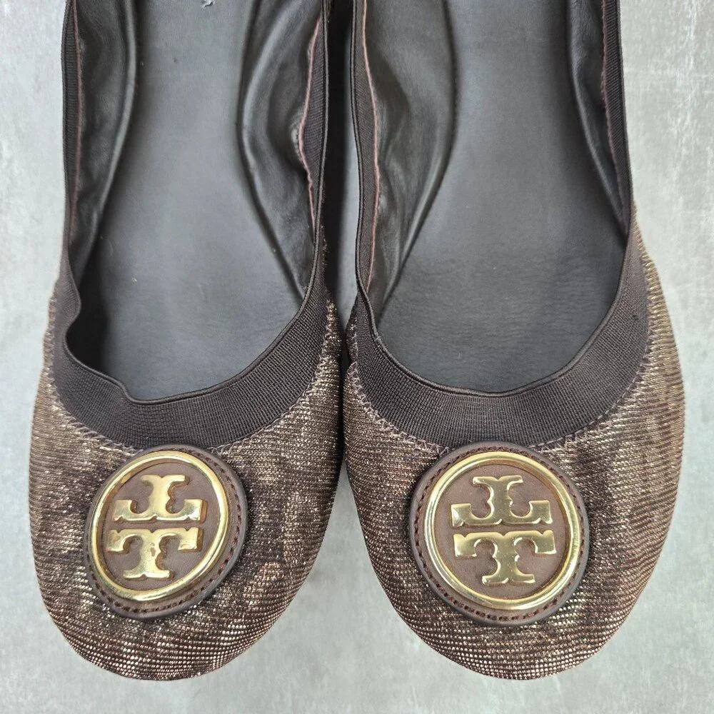 Tory Burch Ballet Flats Size 8 Animal Print Metallic Dressy Logo Ballerina Shoes - Picture 3 of 11